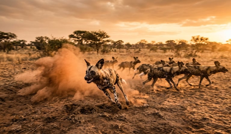 African wild dog pack in full coordinated sprint across dry savanna at golden hour,