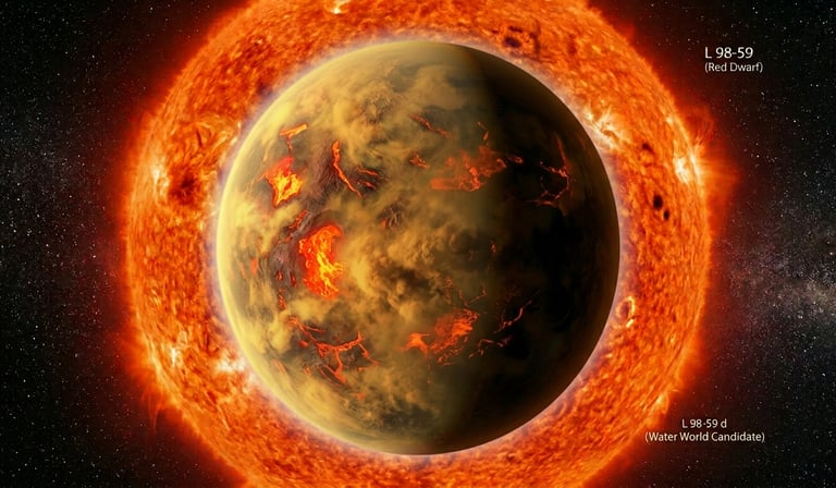 An artist's rendering of L 98-59 d as a half-lit globe showing a glowing orange-red magma surface
