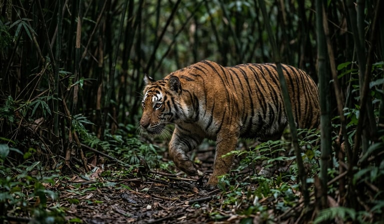 Bengal tiger frozen mid-stalk in dense bamboo forest at dusk