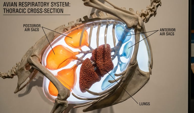 A conceptual 3D diagram of the nine-sac avian respiratory loop in neon colors.