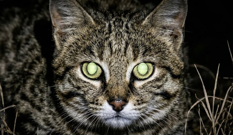 Black-footed cat photographed at ground level in dry Karoo scrubland at night