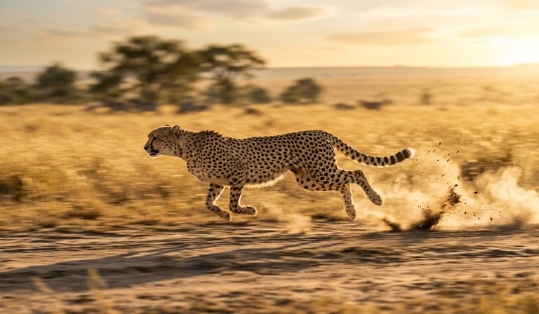 Cheetah at peak acceleration across the Serengeti plain, shot from a near-ground level vehicle angle