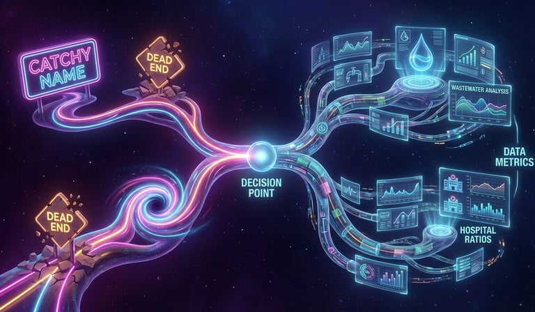 An abstract visualization of a decision tree where one path leads to a "Catchy Name"