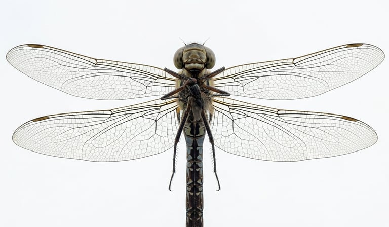 Macro close-up of a dragonfly photographed from directly below against a bright white overcast sky