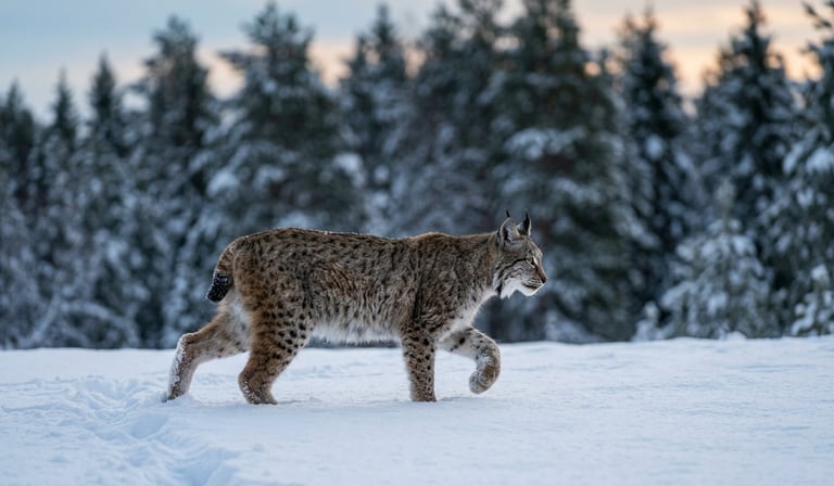 A Eurasian lynx photographed mid-stride through snow at dawn, alone