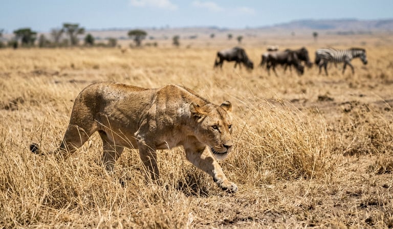 Single lioness hunting alone on open savanna at harsh midday light, 
