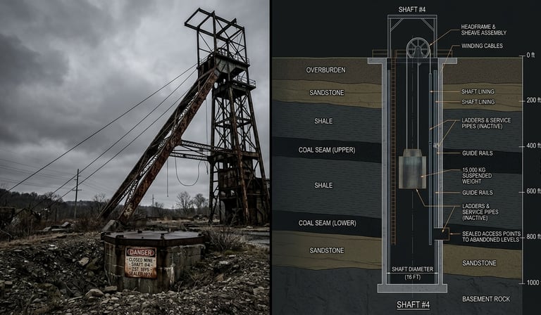 One half shows the rusted headframe                  of a sealed Pennsylvania mine shaft against a grey sky