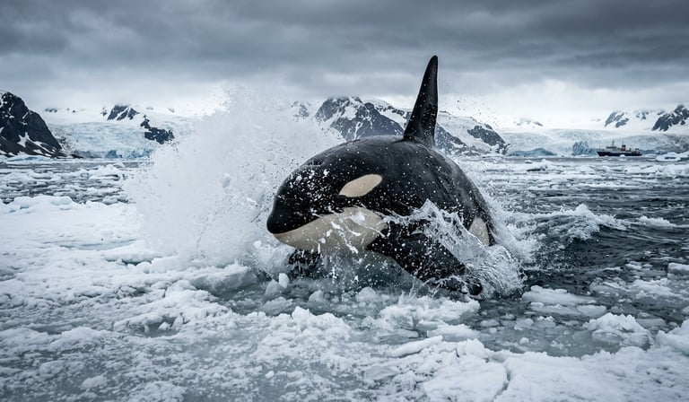 Orca breaking through pack ice off the Antarctic Peninsula in a wave-wash attack