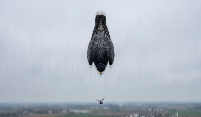 Peregrine falcon in a full vertical stoop dive, wings folded tight against the body,