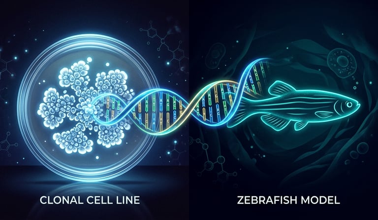 Split visual: a petri dish with a clonal cell line on one side, a small fish silhouette on the other