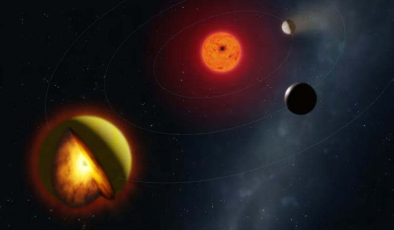 An artist's rendering of L 98-59 d as a half-lit globe showing a glowing orange-red magma surface