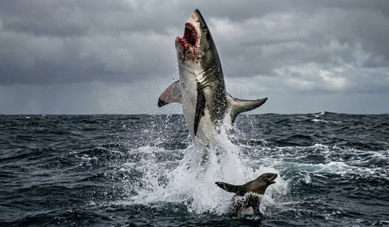 Great white shark breaching vertically from dark ocean water during a seal ambush