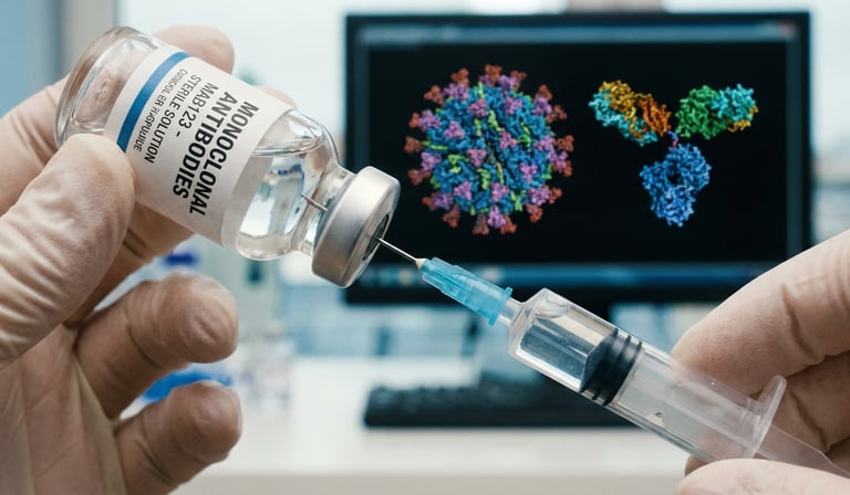 Close-up of a glass vial of monoclonal antibodies being drawn into a syringe