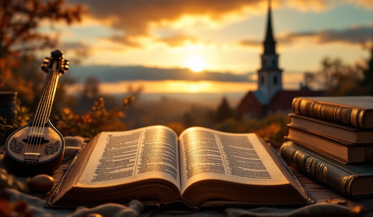 Uma Bíblia aberta a centro, com um alaúde à esquerda, livros à direita, torre de uma Igreja ao longe