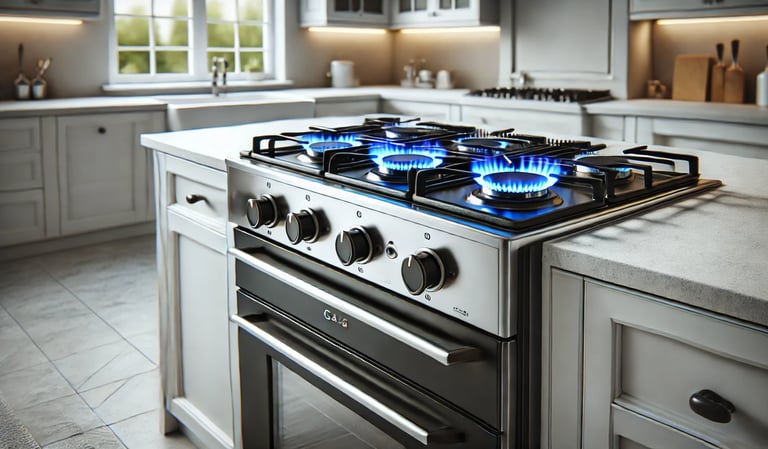 a stove top oven with a blue flame on it