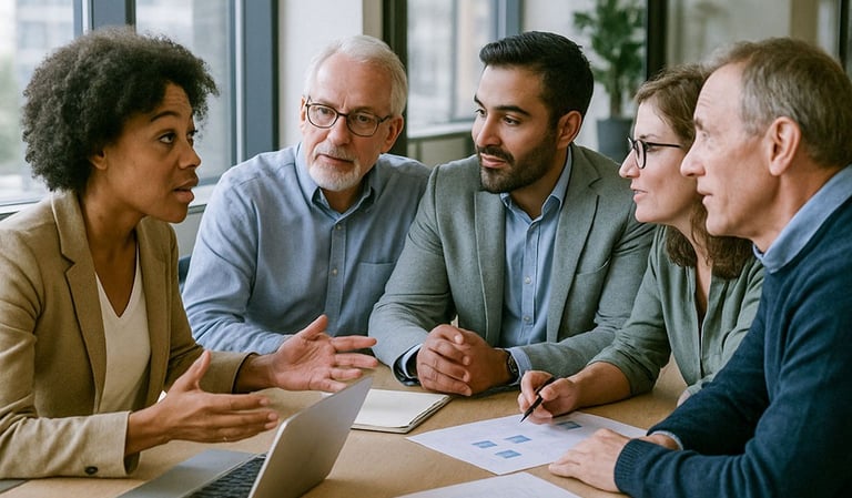 Staffing and recruiting professionals in a business meeting, engaged in discussion about the best hiring solutions