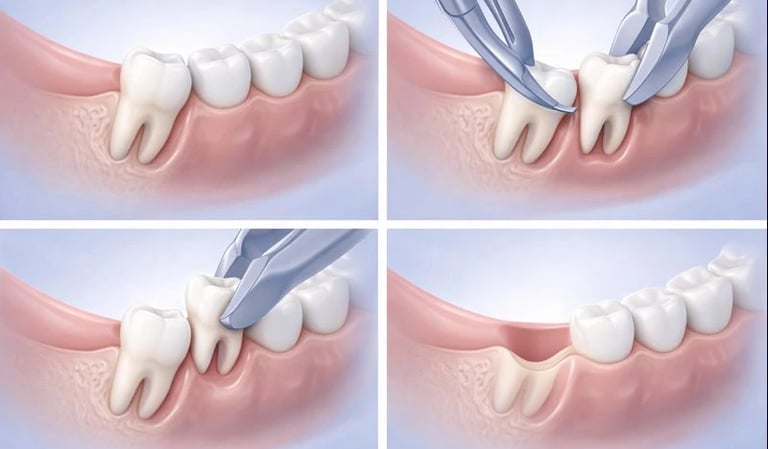Illustration showing step-by-step wisdom tooth extraction procedure