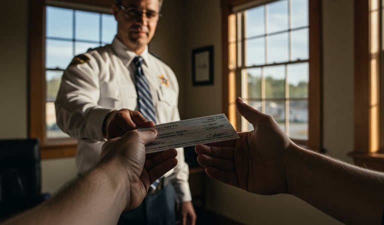 Photo of government official handing a large check to a person. Generated by Imagen 3