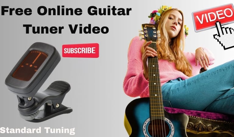 Free online guitar tuner video tutorial with a digital clip-on tuner and a girl holding an acoustic guitar.