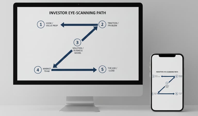 Comparison of pitch deck readability on desktop and mobile for investor review.