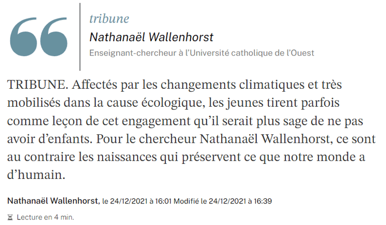 Les jeunes ont tort de ne pas vouloir d’enfants pour des raisons écologiques Nathanaël Wallenhorst