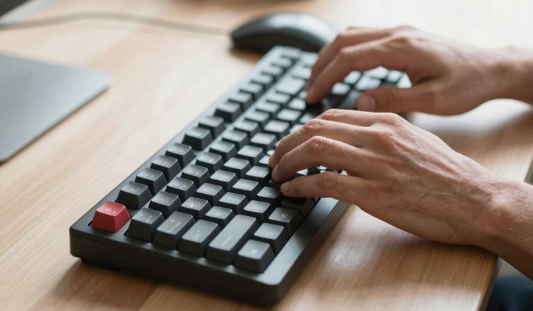 Tight purposeful close-up of developer hands typing on a mechanical keyboard, minimalist wooden desk, bright natural light
