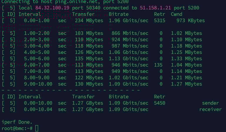 iperf3 TCP speed test output