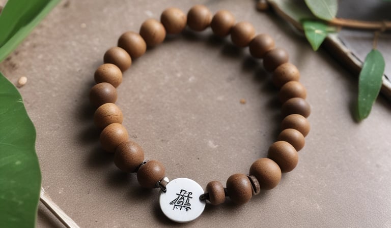 An elegant custom nameplate engraved with delicate patterns, placed beside a crystal bracelet.