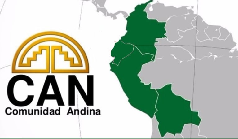 Comunidad Andina CAN logo and map showing member countries Colombia, Ecuador, Peru, and Bolivia.