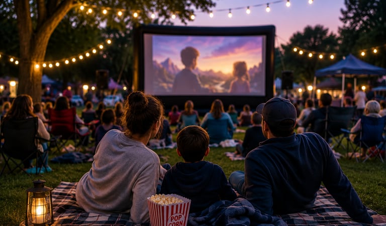 A family watching a free movie at the park.