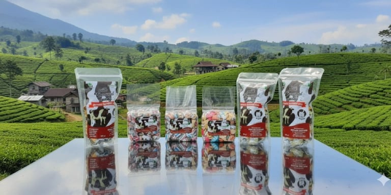 Berbagai varian permen susu karamel khas oleh oleh pangalengan dengan latar belakang pemandangan kebun teh hijau yang asri