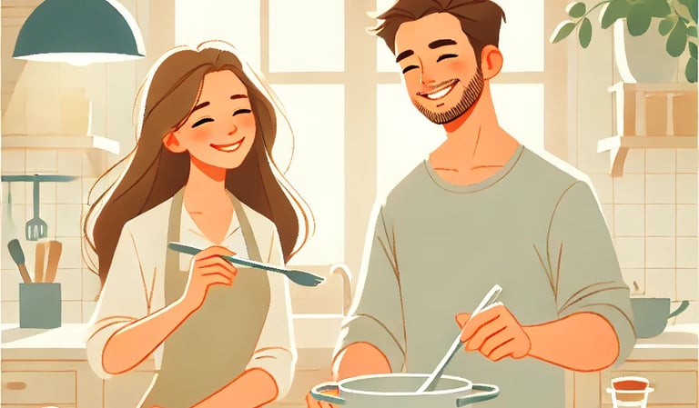 Cartoon-style illustration of a happy heterosexual couple cooking together in a modern kitchen, symbolizing shared housework