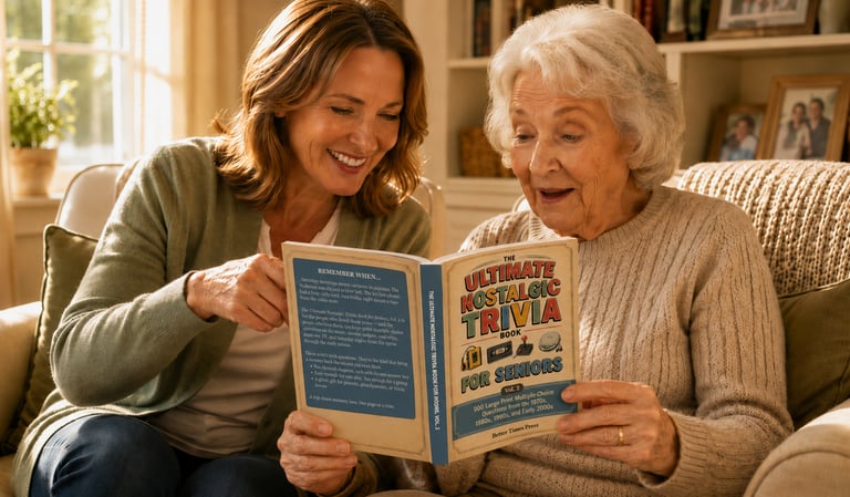 A middle-aged woman and a senior woman sitting together on a sofa, looking at an trivia book