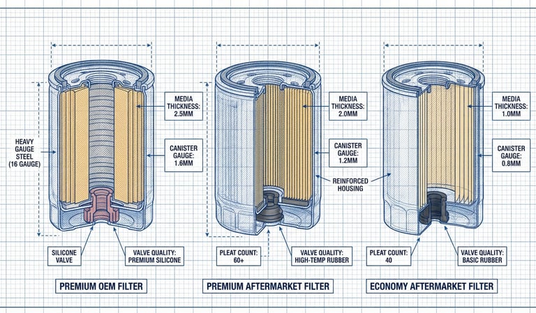 Cross-section comparison of OEM, premium aftermarket, and economy oil filter internal construction