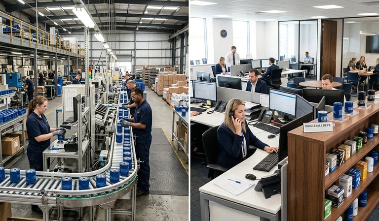 Side-by-side comparison of oil filter factory production floor vs trading company office setup