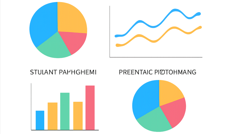 Comprehensive analytics interface showing colorful pie charts, line graphs, and bar charts for student engagement and predictive performance metrics.