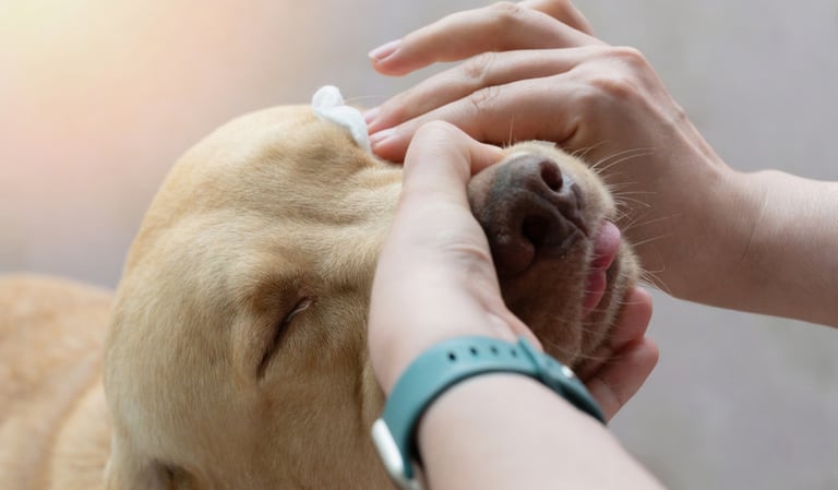Verzorger maakt de ogen van een blonde hond schoon met een watje