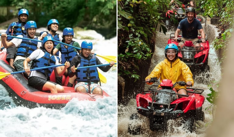 a group of people riding on four wheelers in a river
