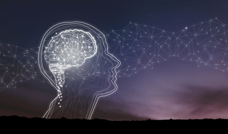 a stylized white line graphic of a head in profile with a glowing brain inside