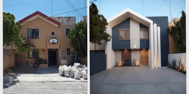 Comparación antes y después de fachada de casa económica renovada con Steel Framing