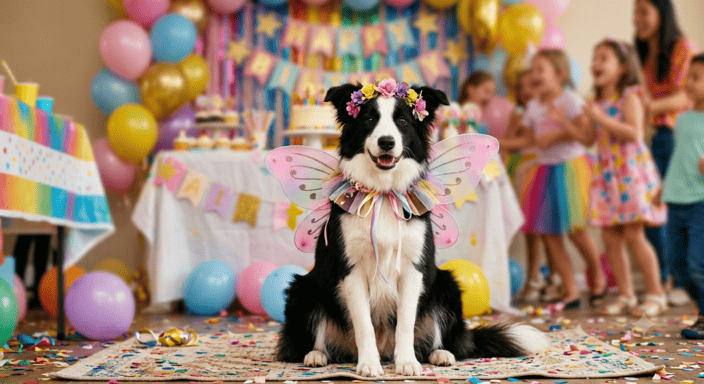 Un Border Collie blanco y negro con alas de hada y una corona de flores en una colorida fiesta
