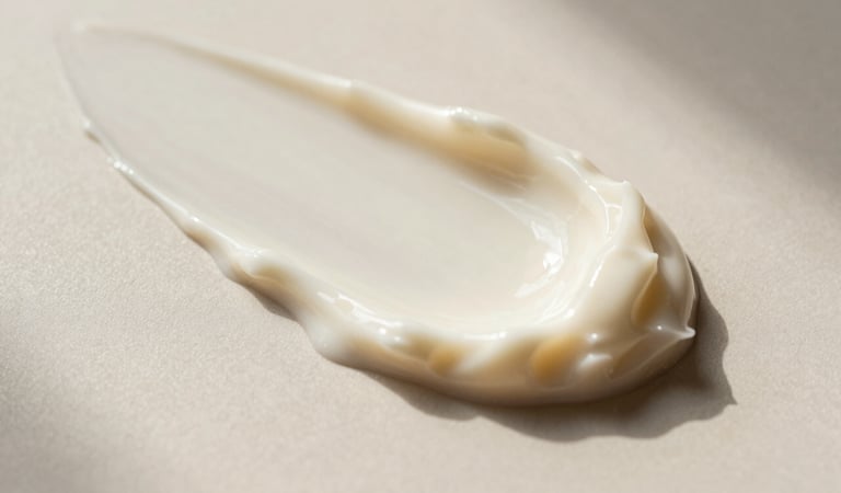 A professional macro photograph of a thick ivory skincare cream texture with soft ridges, lit by soft morning light in a minimalist North American / US luxury dermatology setting, ivory and soft beige tones.