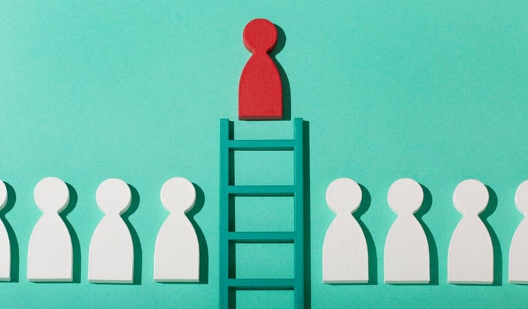 a red person icon on top of a ladder with white people icons either side of the bottom of the ladder