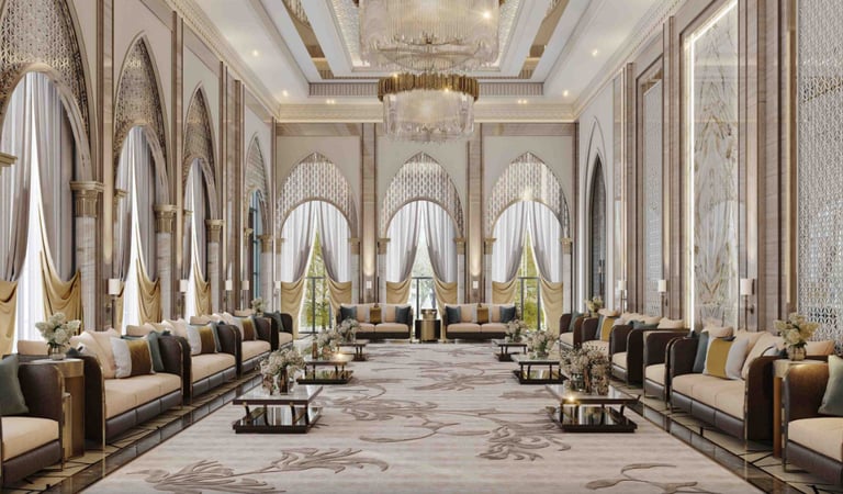 Luxury formal majlis with Islamic architecture, arched windows, and elegant chandeliers.