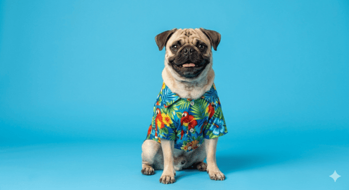 Perro Pug sentado usando una colorida camisa, con estampado tropical de tucanes y flores sobre fondo azul de Patitas Coquetas