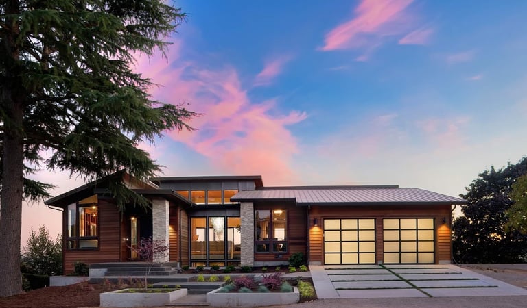 Front view of a new Ranch home.