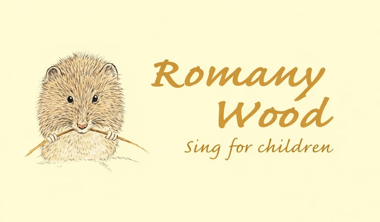Illustration of a dormouse with Romany Wood sing for children text on a cream background.