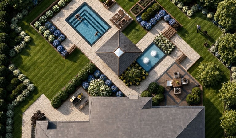 Aerial view of a luxury backyard landscape with a geometric swimming pool, garden pavilion, and stone patio.