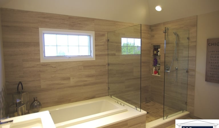 Mt Prospect master bath remodel with updated tile flooring, quartz countertops, and new fixtures