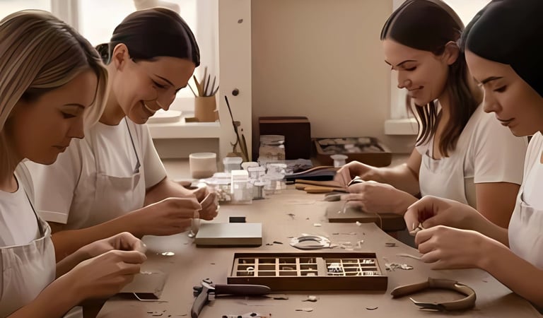 Mujeres elaborando joyería hecha a mano en una mesa de taller con cuentas y pinzas de joyeria